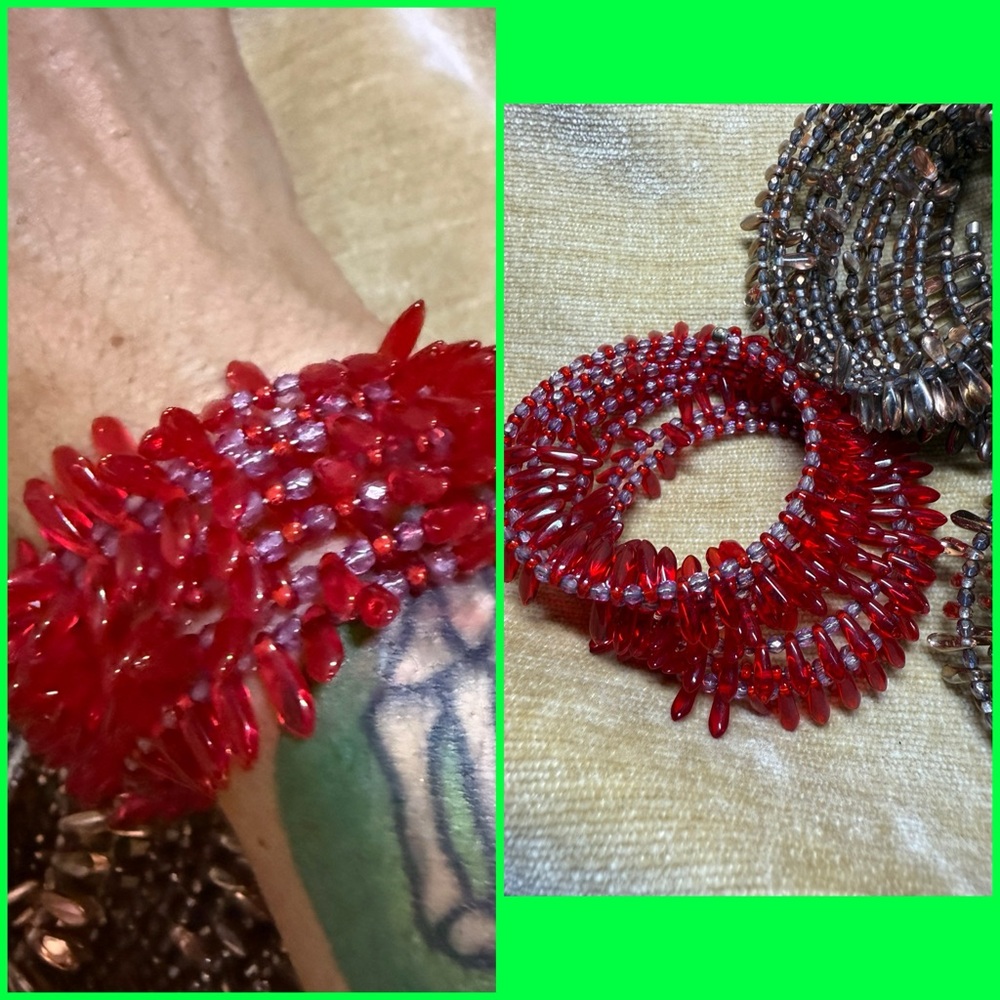 Handmade Vibrant Red purple glass Beaded slinky Bracelet bangle never worn
